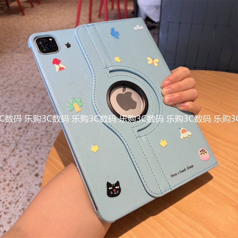 5D小黑猫适用于iPad11代保护套2026新款Air8可旋转皮套2025Pro11寸10.2苹果7/8/9十代可爱mini456日韩9.7外壳