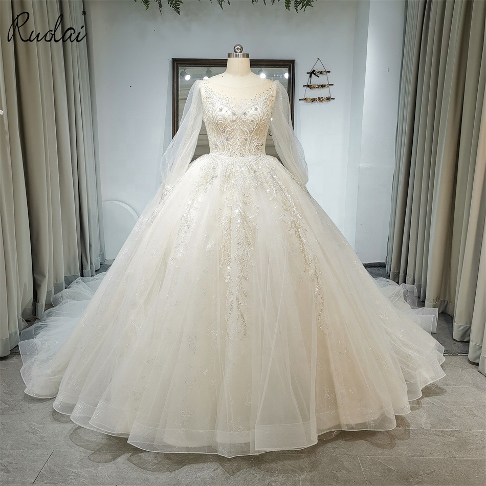 Ruolai ZW00123 V-neck Long Sleeve Wedding Ball Gowns Lace-up