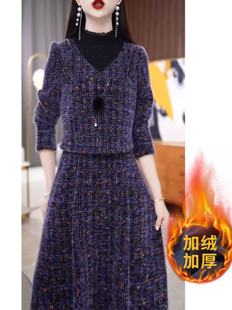 赛菲雅假两件连衣裙女冬季2024新款修身藏肉加绒加厚冬天穿的裙子