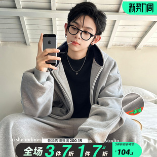 男童加绒外套2025秋冬季新款中大童男孩冬季开衫连帽卫衣套装潮牌