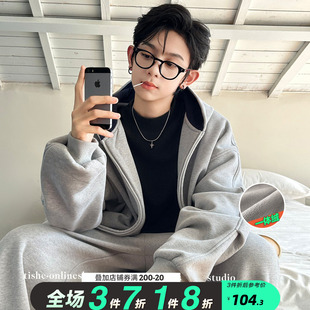 男童加绒外套2025秋冬季新款中大童男孩冬季开衫连帽卫衣套装潮牌