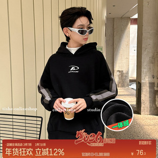 男童加绒卫衣连帽中大童冬装加厚上衣儿童冬季保暖上衣大童男装潮