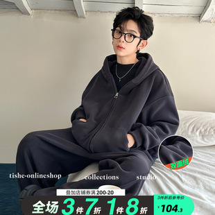 男童加绒外套春秋季2026新款中大童男孩春季开衫加厚保暖套装潮牌