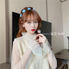 Spring Ruffle pleated stand collar net long sleeve base shirt chiffon shirt fold on inside real price