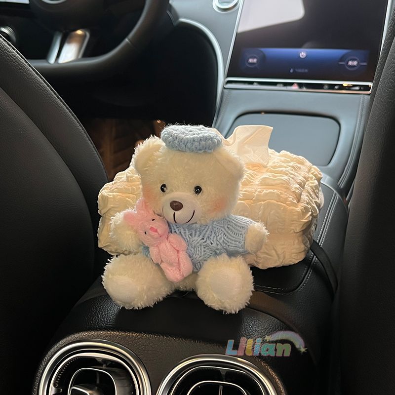 可爱毛绒小熊车用纸巾盒