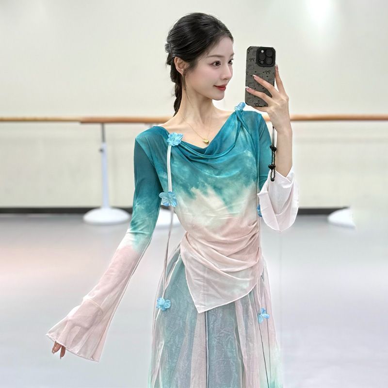 古典舞服装渐变身韵蝴蝶喇叭袖纱衣练功服中国舞演出服舞蹈服套装