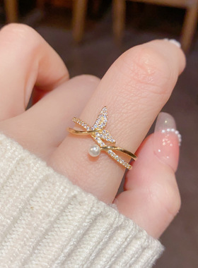 配饰法式轻奢百搭锆石珍珠鱼尾开口戒气质简约个性超闪食指戒