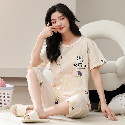 睡衣女夏季纯棉短袖七分裤两件套甜美学生韩版薄款可外穿家居服春