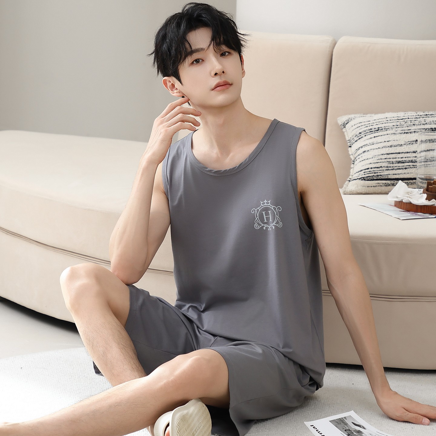 睡衣男夏季纯棉背心男士无袖短裤套装青中老年薄款外穿宽松家居服