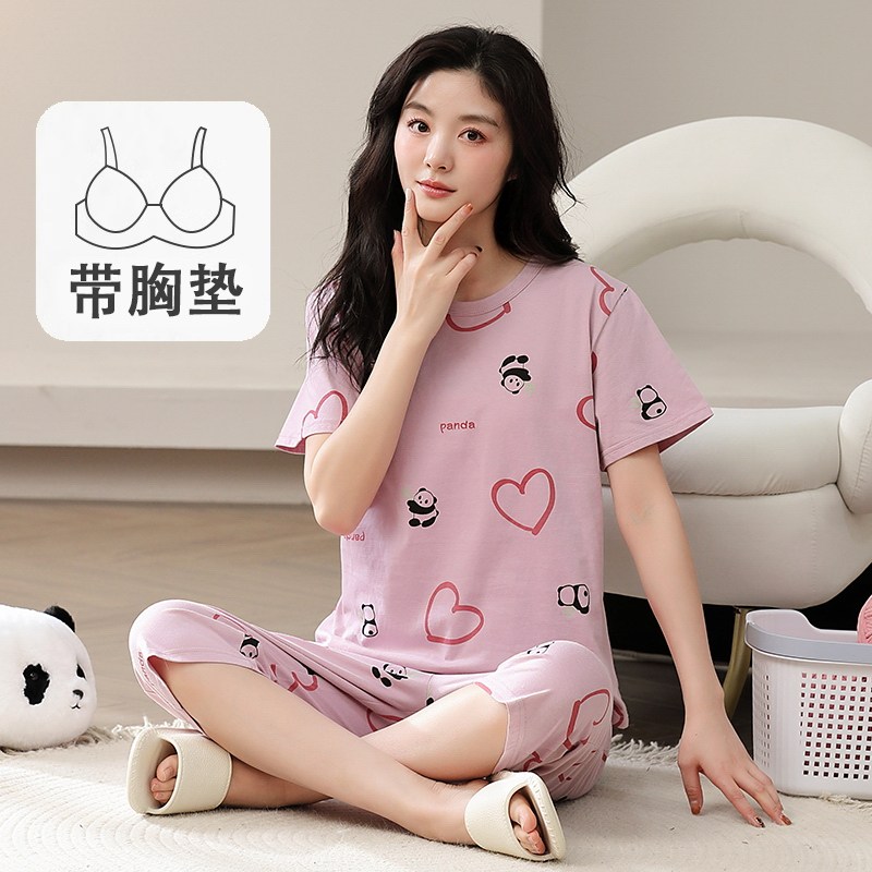 睡衣女夏季带胸垫纯棉短袖七分裤