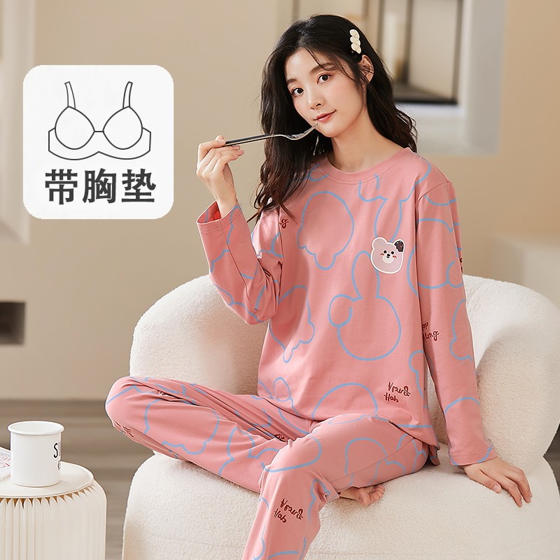 带胸垫春秋季薄款甜美长袖睡衣女