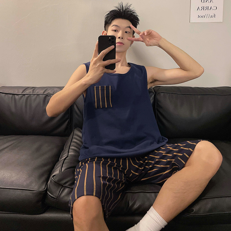 夏季睡衣男纯棉背心无袖短裤男士套装青中少年薄款外穿运动家居服