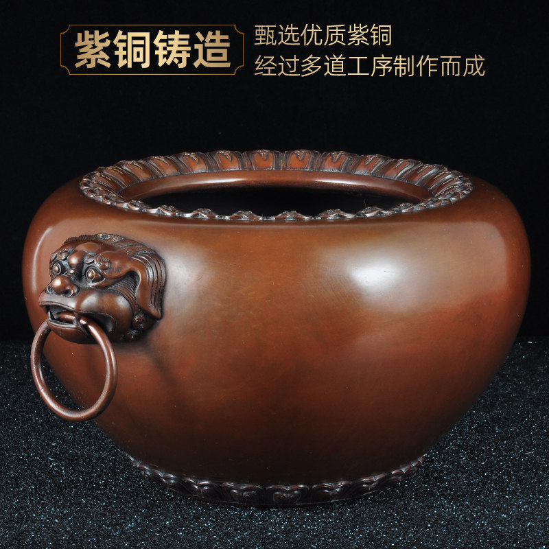 紫铜狮纽摆件聚宝盆招财客厅