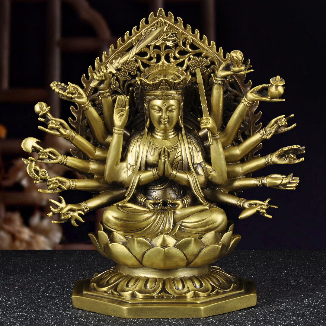 黄铜千手观音佛像摆件观世音菩萨十八臂准提菩萨家用寺庙佛堂供奉