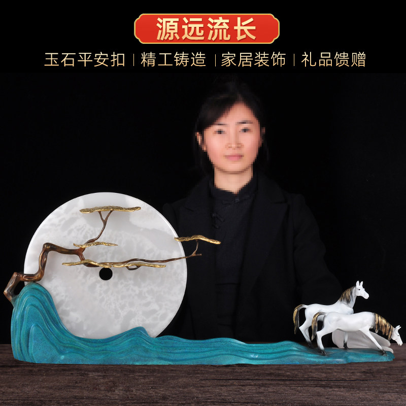 彩铜马迎客松玉石平安扣电视柜
