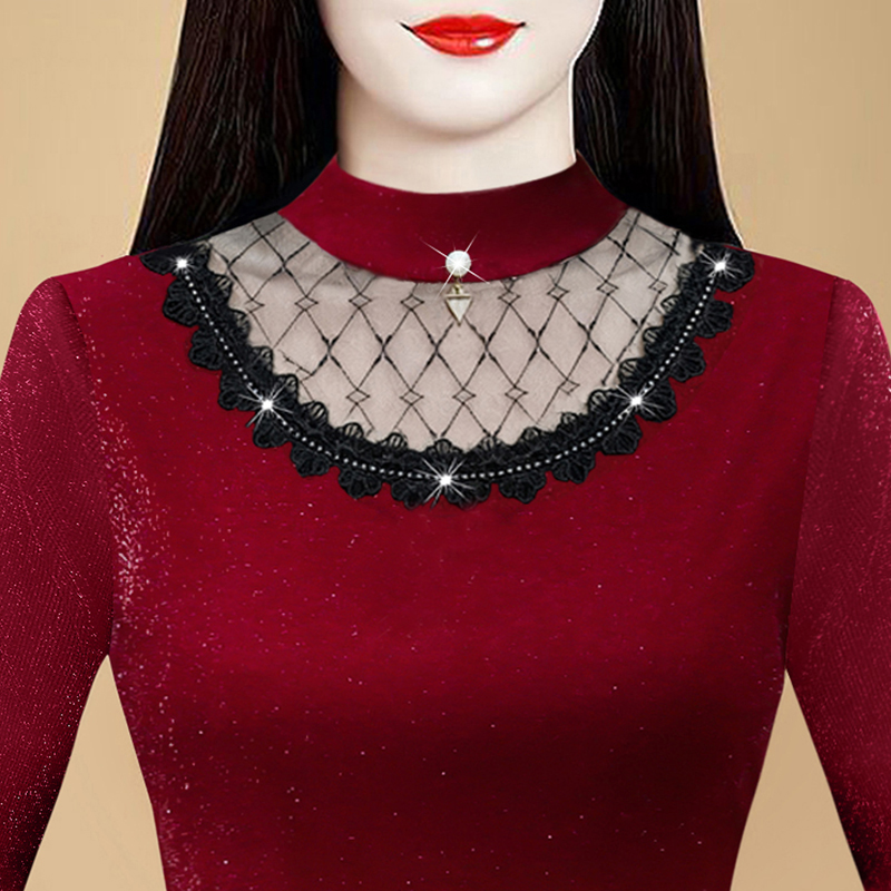 秋冬加绒保暖网纱长袖T恤女