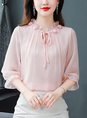 气质花瓣雪纺衬衫女上衣2026春夏新款立领中袖系带洋气遮肚子小衫