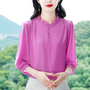 气质纯色雪纺衫女上衣2026秋夏新款中年七分袖遮肚子显瘦洋气小衫