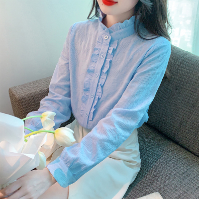 纯棉长袖衬衫春秋季木耳边上衣女
