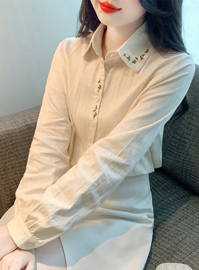 气质刺绣纯棉衬衫女上衣2026春秋季新款翻领长袖棉布显瘦衬衣小衫