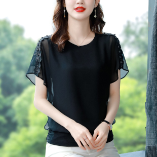 上衣女2026夏装新款圆领减龄显瘦雪纺衫收腰遮肚假两件短袖蝙蝠衫