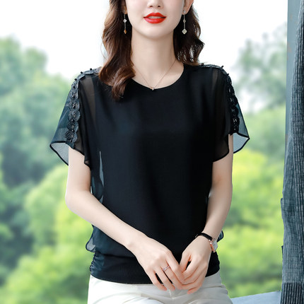 上衣女2026夏装新款圆领减龄显瘦雪纺衫收腰遮肚假两件短袖蝙蝠衫