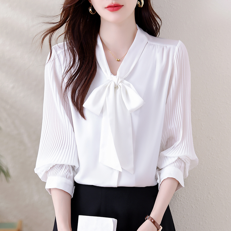 法式飘带v领缎面衬衫2025