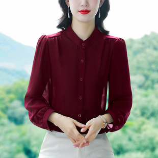 减龄百搭衬衣小衫 立领中年长袖 女上衣2025秋新款 高档纯色雪纺衬衫