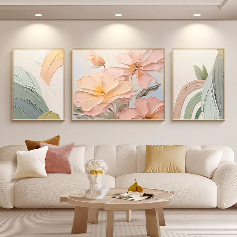 客厅装饰画奶油风沙发背景墙画挂画现代简约清新三联晶瓷轻奢壁画