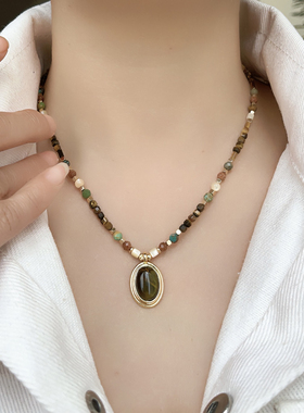 「晚夏苍暮」天然石虎眼石锁骨链低饱和美拉徳项链小众虎眼石吊坠
