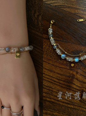 「星河落腕」天然灰月光石手链白水晶双层叠戴ins风爱心显白手串