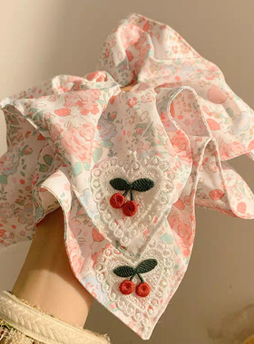 可爱粉色樱桃碎花方巾大肠发圈女头绳韩系大号扎头发2025新款发饰