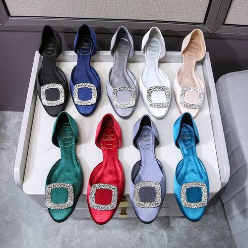 rv平底单鞋方扣中空真丝绸缎