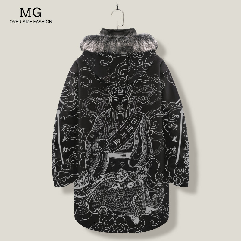 冬季外套男财神印花羽绒服中长款可拆卸内胆连帽开衫棉服大码棉袄