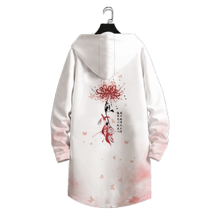 国潮风衣男生春秋彼岸花图案中长款连帽外套大码加肥加厚大衣百搭