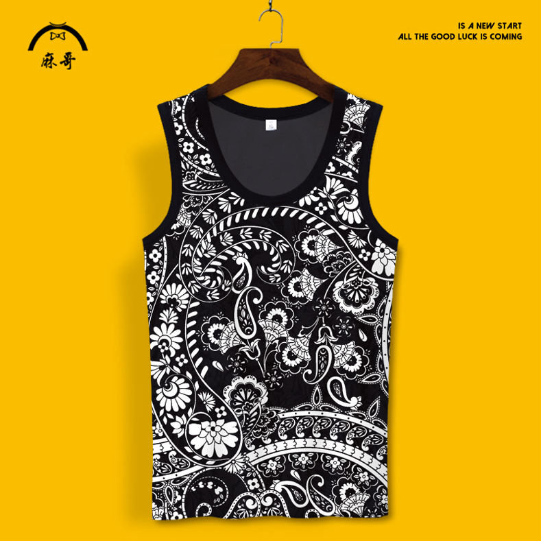 2025新款夏季冰丝无袖T恤男腰果花背心个性印花透气速干砍袖坎肩