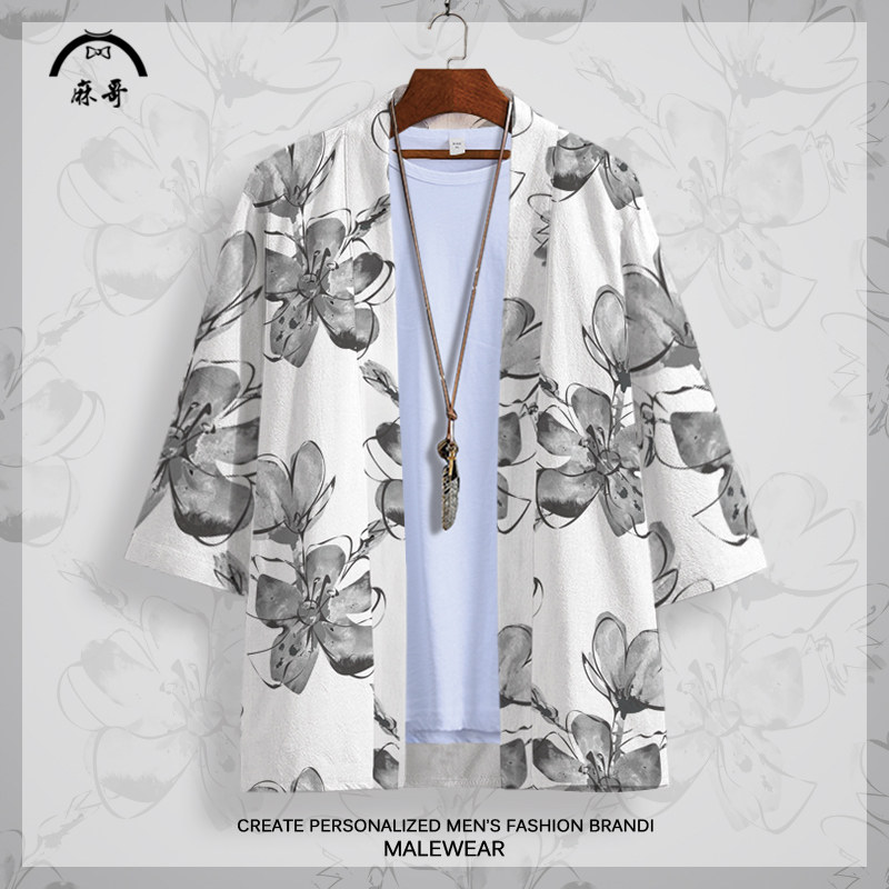 ins潮牌道袍外套男夏季薄款花图案衬衫大码加肥开衫改良唐装披风