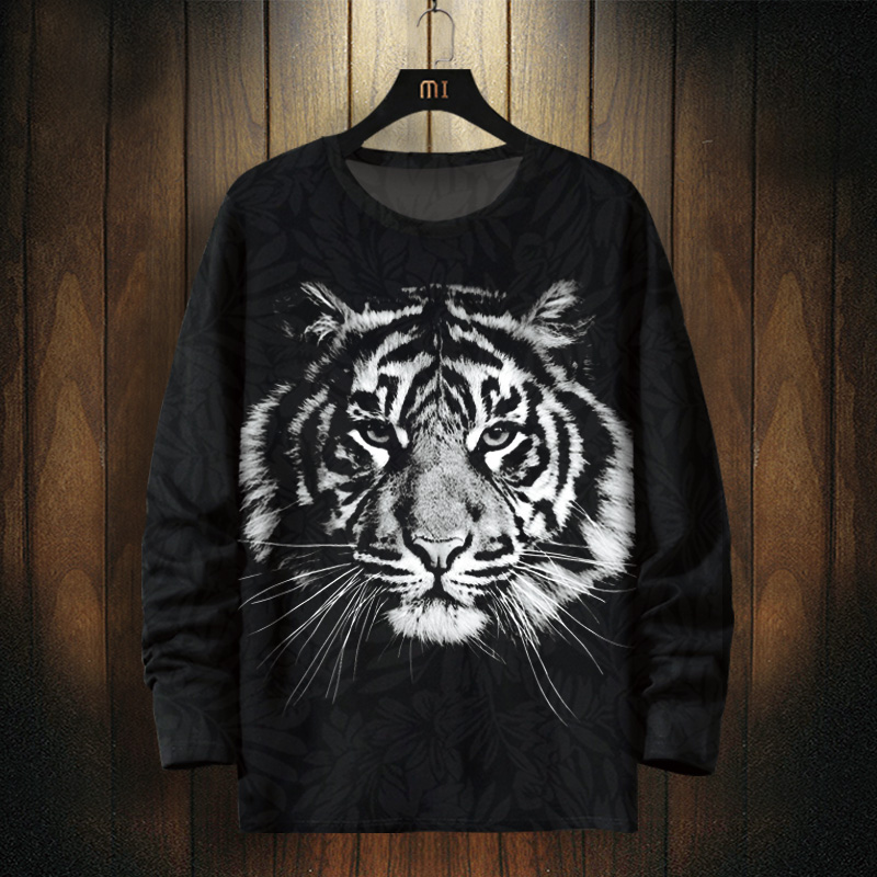 欧美风潮牌长袖T恤男老虎头印花衣服春季薄款大码胖子肥佬打底衫