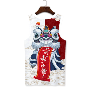 健身背心男大码无袖T恤夏季冰丝速干国潮醒狮印花二道坎肩ins潮流