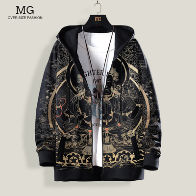 中国风连帽卫衣男佛像印花外套大码宽松薄款开衫宽松加肥百搭上衣