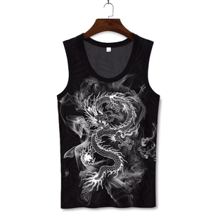 中国风龙图案印花无袖T恤男士夏季速干背心健身运动坎肩无痕紧身