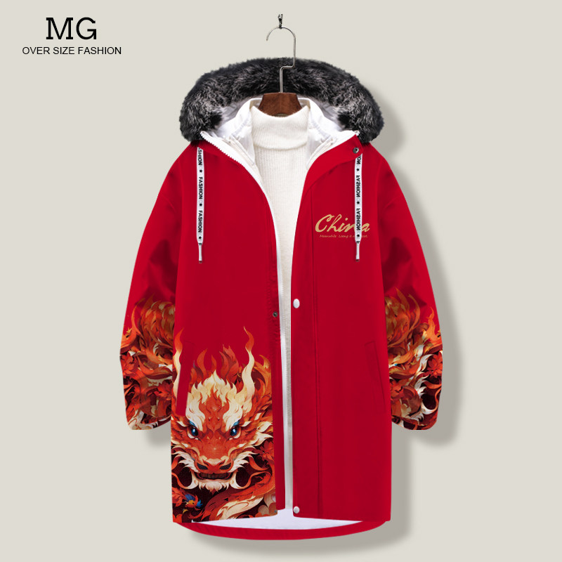 国风羽绒服外套男龙图案加厚冬季棉服大码加肥中长款连帽开衫棉衣