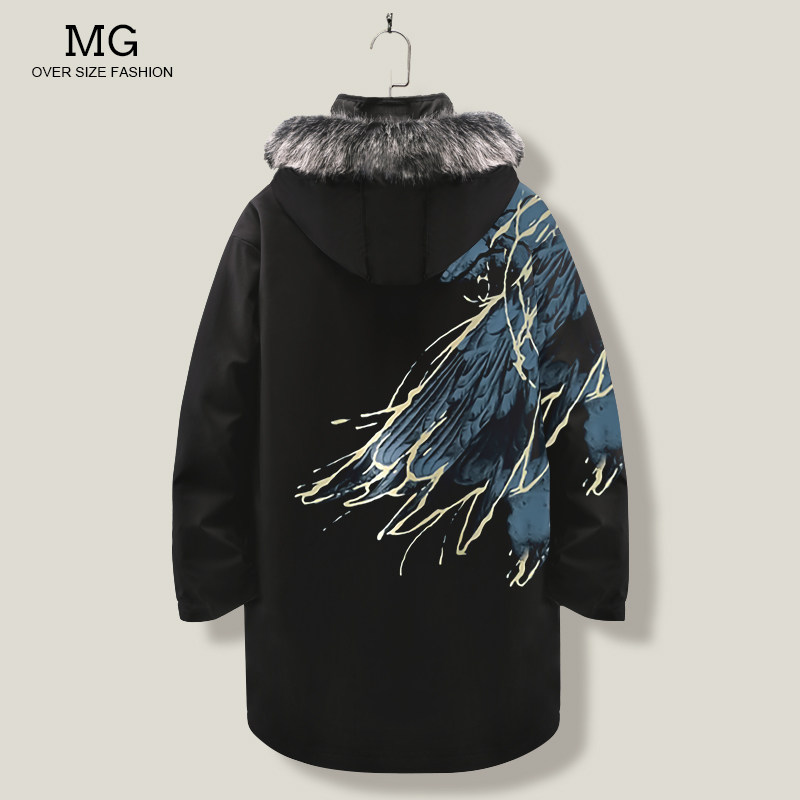 中长款连帽羽绒服男翅膀印花小众设计感休闲百搭棉服冬季加厚外套