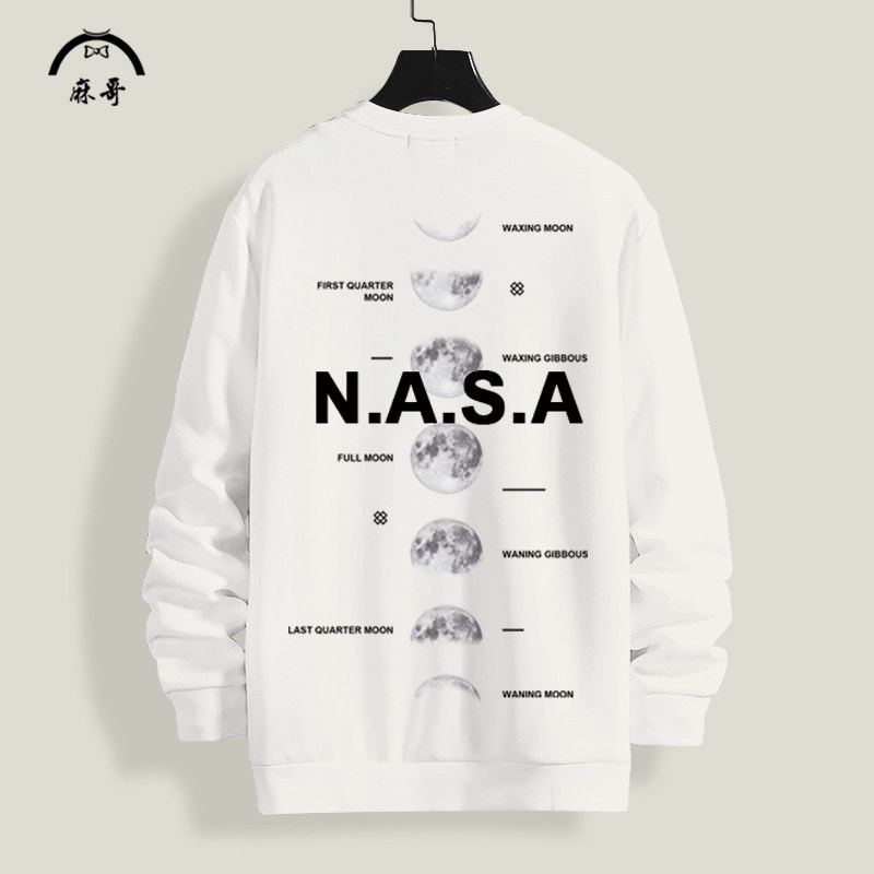 nasa联名圆领卫衣男士长袖T恤复古阴晴圆缺月亮印花加绒外套大码