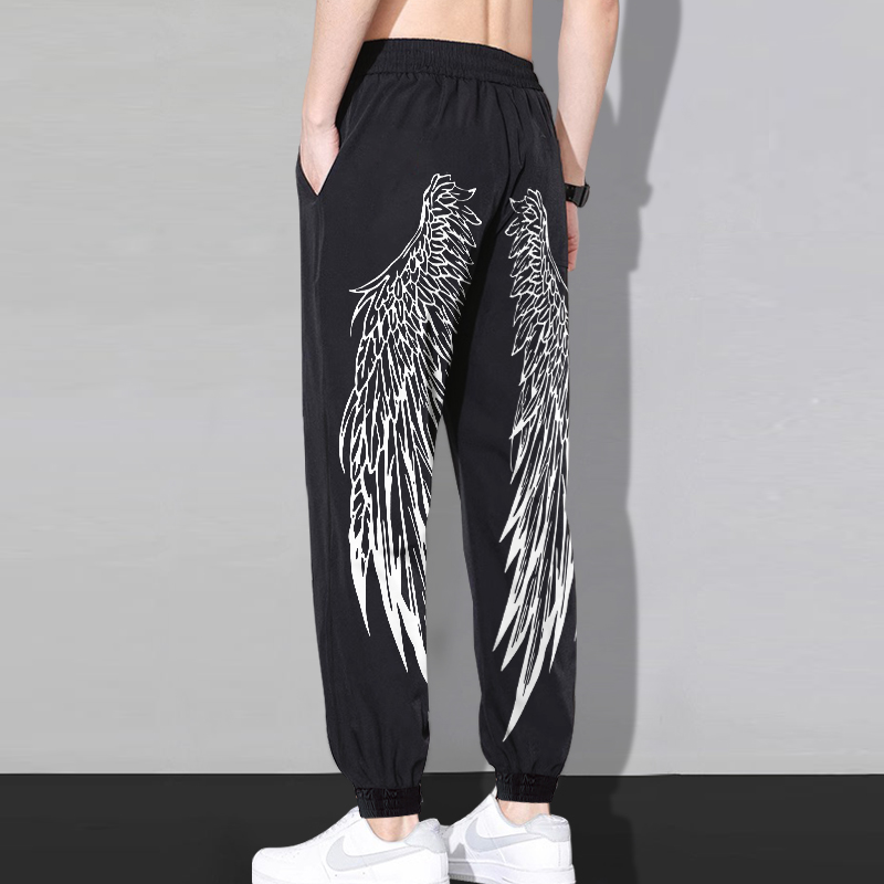 翅膀印花卫裤男春秋加绒加厚束脚抽绳长裤大码加肥潮牌运动休闲裤