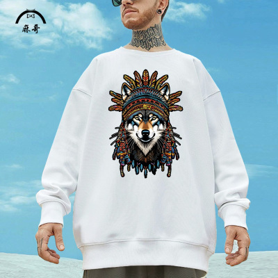 圆领卫衣外套男印第安狼印花秋冬新款加绒加厚长袖T恤青少年上衣