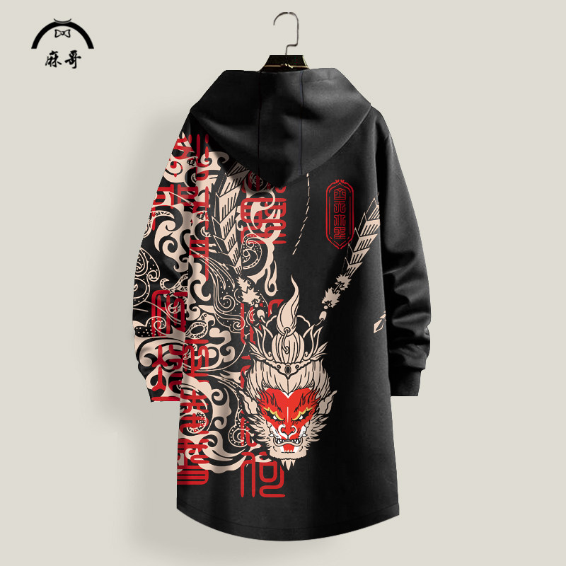 中国风风衣外套男齐天大圣孙悟空印花中长款大衣秋冬加厚连帽开衫