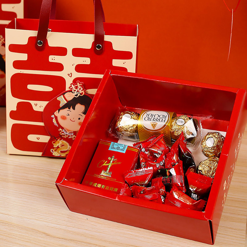 跨境中式大喜糖盒手提卡通结婚新郎新娘伴手礼盒抽屉式订婚回热销