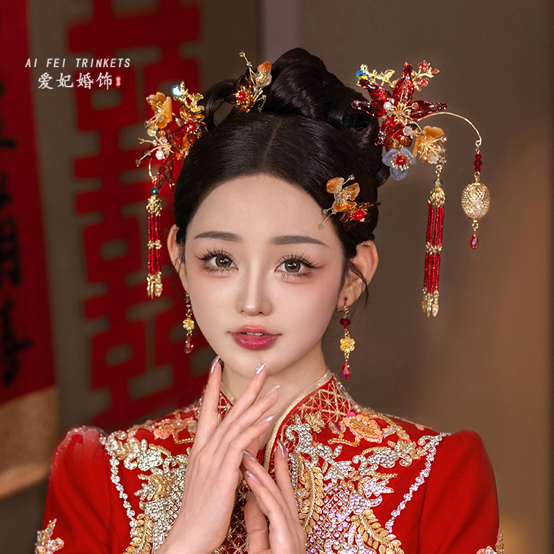 新中国风秀和头饰风格马绵裙红色婚礼减龄婚礼原创设计新娘头饰