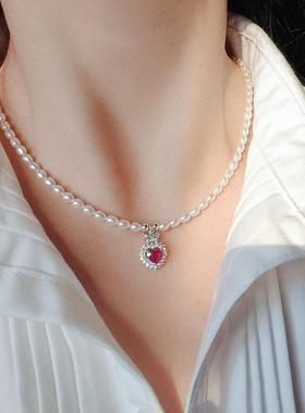 小珍珠红宝石爱心项链送朋友礼物